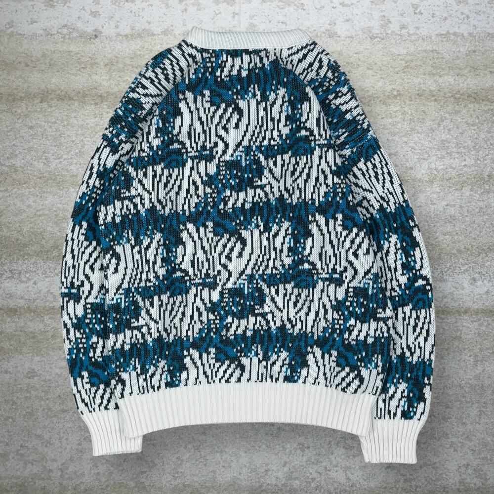 Vintage 90s Sweater Mens L White Blue Made in USA 100% Acrylic Crewneck Pullover - Picture 2 of 4